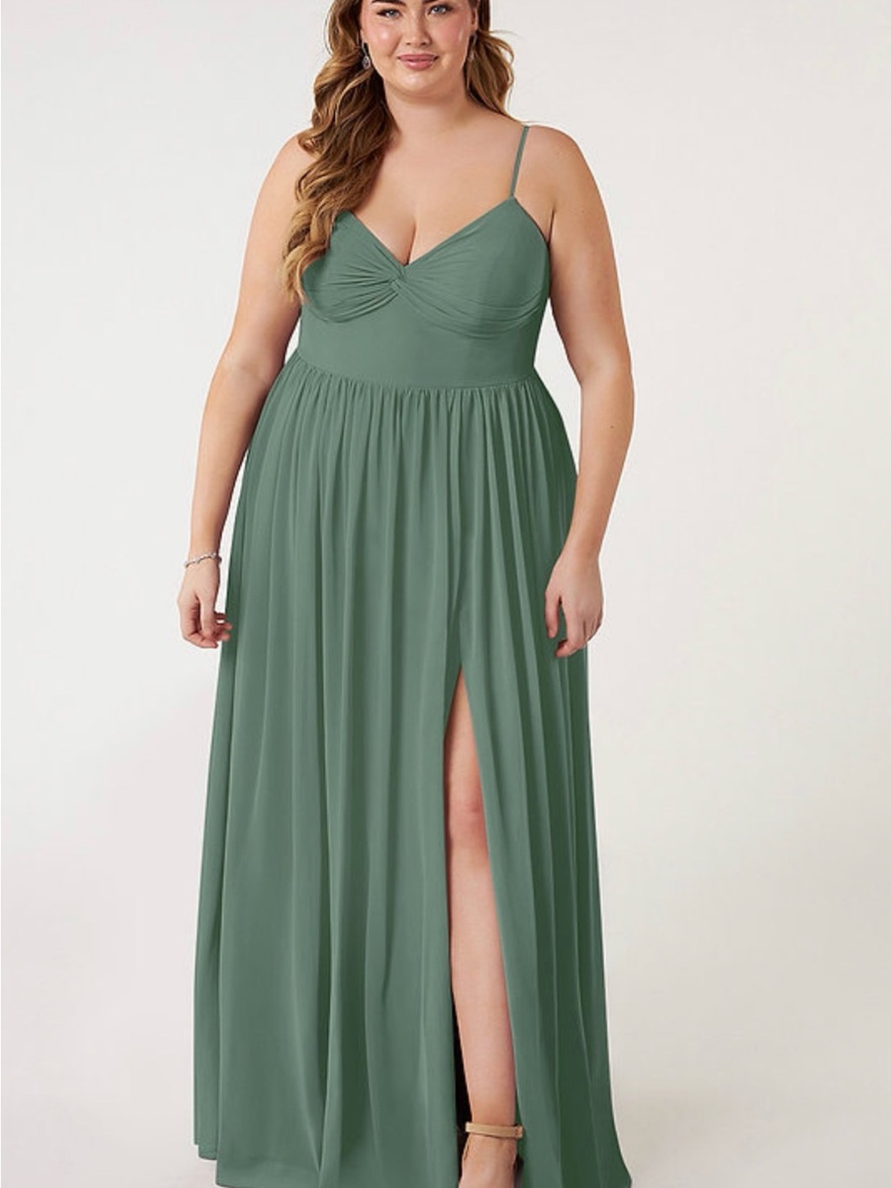Azazie Sage Green Spaghetti Strap Maxi Zeya bridesmaids dress